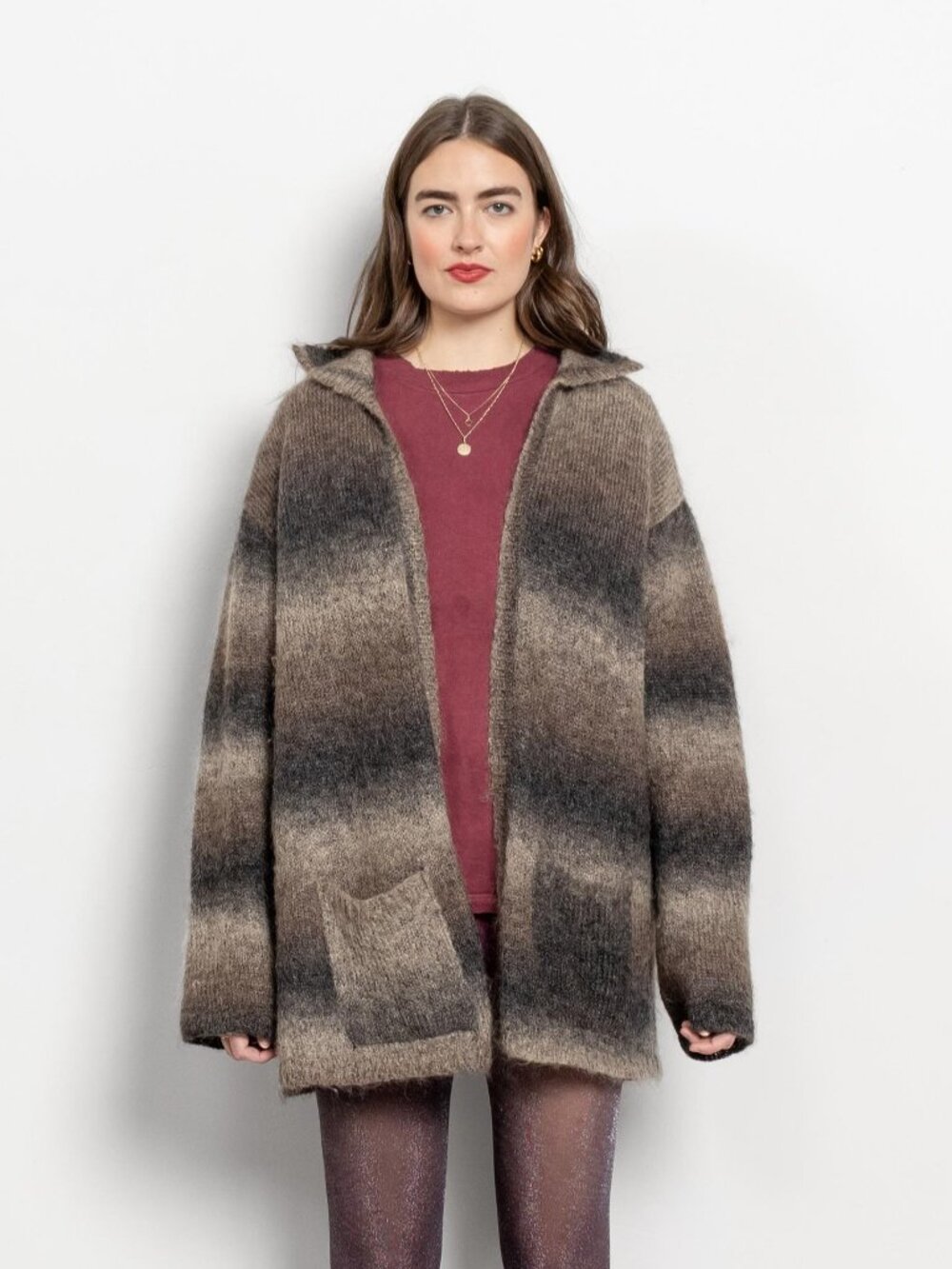 VINTAGE WOOL CARDIGAN Sweater Ombre Pattern 90's Oversize Longline Brown